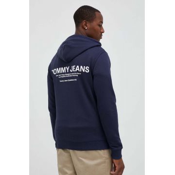 Tommy Jeans hanorac de bumbac barbati, culoarea albastru marin, cu glugă, cu imprimeu