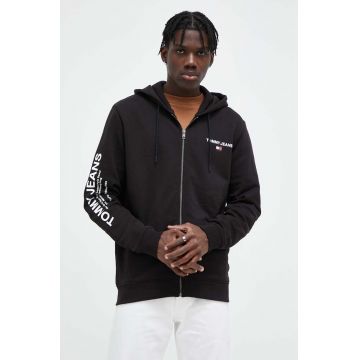 Tommy Jeans hanorac de bumbac barbati, culoarea negru, cu glugă, cu imprimeu