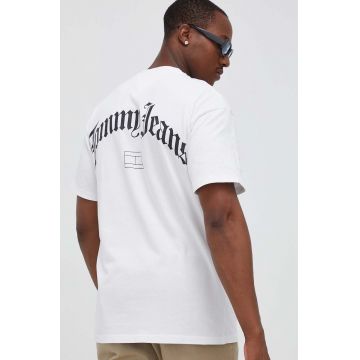 Tommy Jeans tricou din bumbac culoarea alb, cu imprimeu