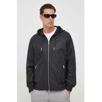 BOSS geaca de piele barbati, culoarea negru, de tranzitie