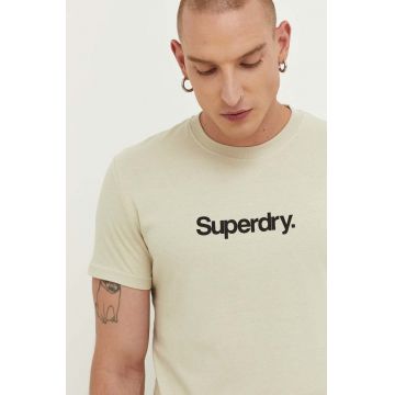 Superdry tricou din bumbac culoarea bej, cu imprimeu