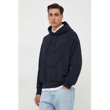 Emporio Armani hanorac de bumbac barbati, culoarea albastru marin, cu glugă, cu imprimeu