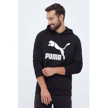 Puma hanorac de bumbac barbati, culoarea negru, cu glugă, cu imprimeu