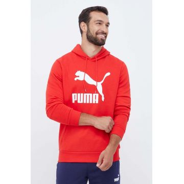 Puma hanorac de bumbac barbati, culoarea rosu, cu glugă, cu imprimeu