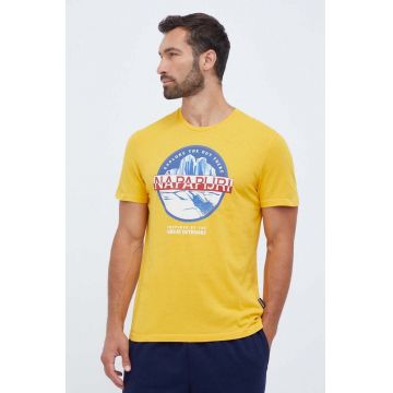 Napapijri tricou din bumbac culoarea galben, cu imprimeu