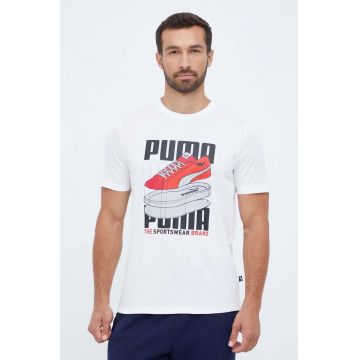 Puma tricou din bumbac culoarea alb, cu imprimeu