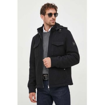 BOSS geaca de lana culoarea negru, de tranzitie