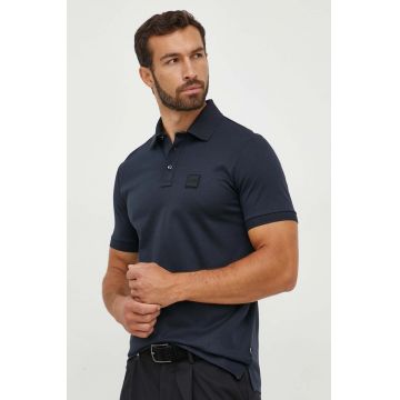 BOSS polo de bumbac culoarea albastru marin, melanj