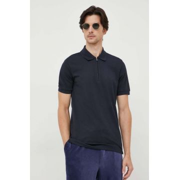 BOSS polo de bumbac culoarea albastru marin, neted