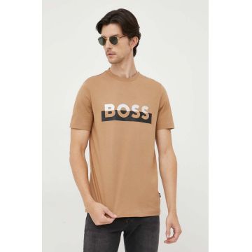 BOSS tricou din bumbac culoarea bej, cu imprimeu