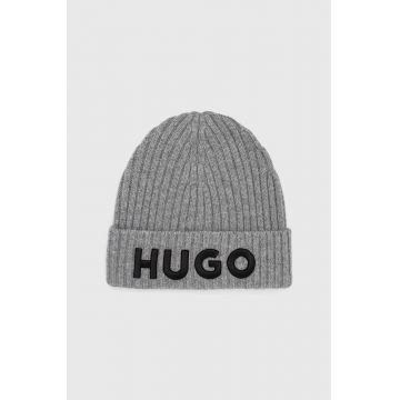 HUGO caciula de lana culoarea gri, de lana, din tricot gros