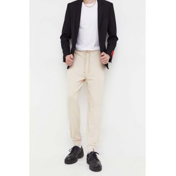 HUGO pantaloni de trening din bumbac culoarea bej, neted, 50489617