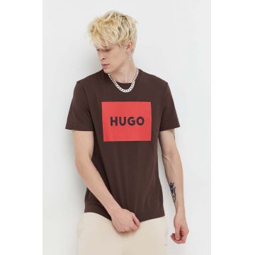 HUGO tricou din bumbac culoarea maro, cu imprimeu