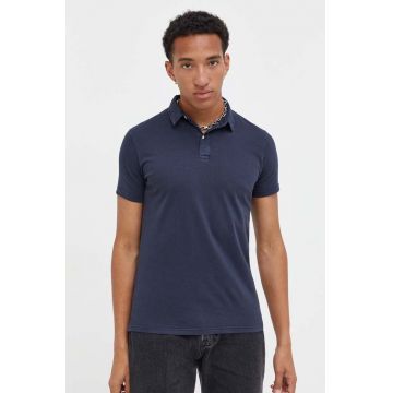 Superdry polo de bumbac culoarea albastru marin, neted