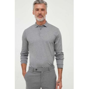 BOSS longsleeve din bumbac culoarea gri, neted