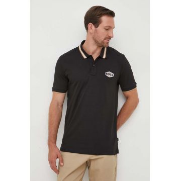 BOSS polo de bumbac culoarea negru, cu imprimeu