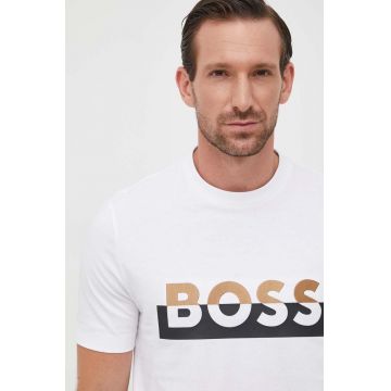 BOSS tricou din bumbac culoarea alb, cu imprimeu