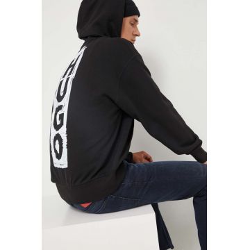 HUGO hanorac de bumbac barbati, culoarea negru, cu glugă, cu imprimeu