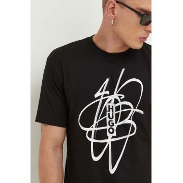 HUGO tricou din bumbac culoarea negru, cu imprimeu