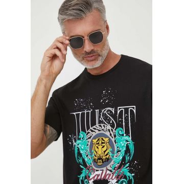 Just Cavalli tricou din bumbac culoarea negru, cu imprimeu