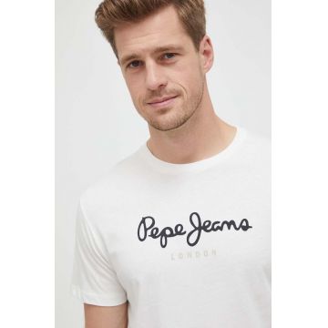 Pepe Jeans tricou din bumbac Eggo culoarea bej, cu imprimeu