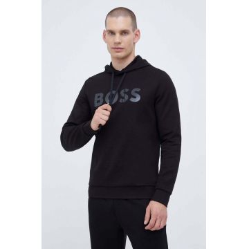 Boss Green hanorac de bumbac BOSS GREEN barbati, culoarea negru, cu glugă, cu imprimeu