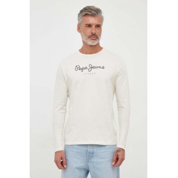 Pepe Jeans longsleeve din bumbac culoarea bej, cu imprimeu