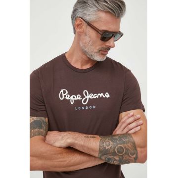 Pepe Jeans tricou din bumbac EGGO culoarea maro, cu imprimeu