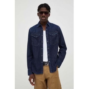 G-Star cămașă din denim bărbați, culoarea bleumarin, cu guler clasic, slim
