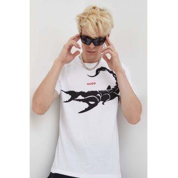 HUGO tricou din bumbac culoarea alb, cu imprimeu