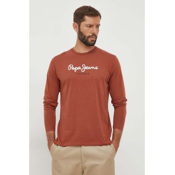 Pepe Jeans longsleeve barbati, culoarea maro, cu imprimeu