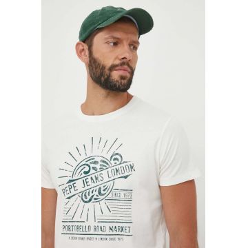 Pepe Jeans tricou din bumbac culoarea bej, cu imprimeu