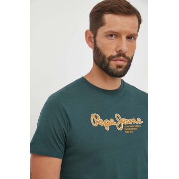 Pepe Jeans tricou din bumbac culoarea verde, cu imprimeu