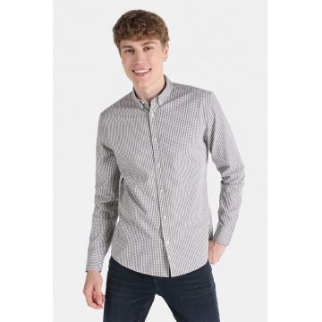 Camasa slim fit de bumbac cu model gingham - Alb/Gri