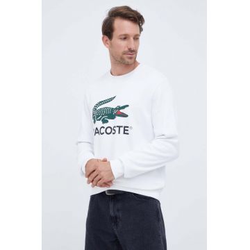 Lacoste hanorac de bumbac barbati, culoarea alb, cu imprimeu