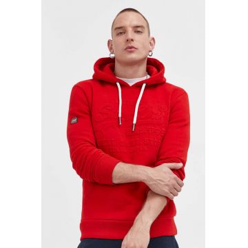 Superdry bluza barbati, culoarea rosu, cu glugă, cu imprimeu