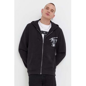 Tommy Jeans hanorac de bumbac barbati, culoarea negru, cu glugă, cu imprimeu