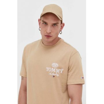 Tommy Jeans tricou din bumbac culoarea bej, cu imprimeu