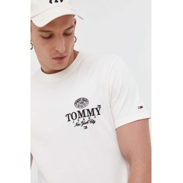 Tommy Jeans tricou din bumbac culoarea bej, cu imprimeu