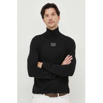 Armani Exchange pulover de lana barbati, culoarea negru, light, cu guler
