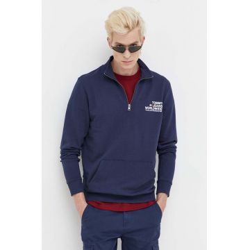 Tommy Jeans hanorac de bumbac barbati, culoarea albastru marin, cu imprimeu