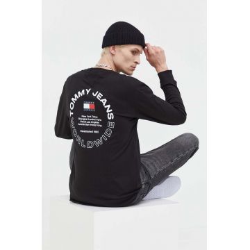 Tommy Jeans longsleeve din bumbac culoarea negru, cu imprimeu