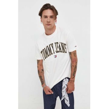 Tommy Jeans tricou din bumbac culoarea bej, cu imprimeu