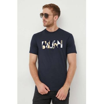 Armani Exchange tricou din bumbac culoarea albastru marin, cu imprimeu