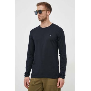 Gant longsleeve din bumbac culoarea albastru marin, neted Gant longsleeve din bumbac culoarea albastru marin, neted