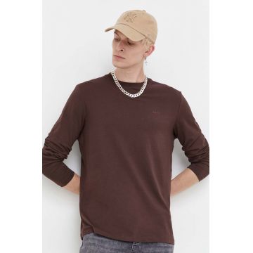 HUGO longsleeve din bumbac culoarea maro, neted