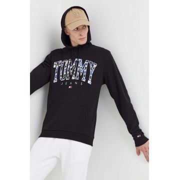 Tommy Jeans hanorac de bumbac barbati, culoarea negru, cu glugă, cu imprimeu