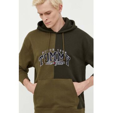 Tommy Jeans hanorac de bumbac barbati, culoarea verde, cu glugă, cu imprimeu