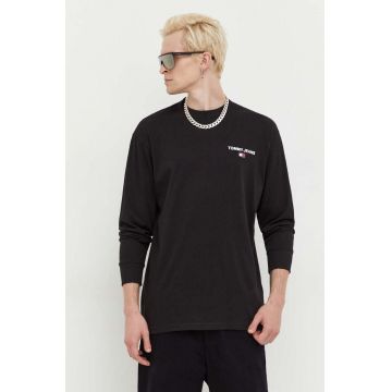 Tommy Jeans longsleeve din bumbac culoarea negru, neted