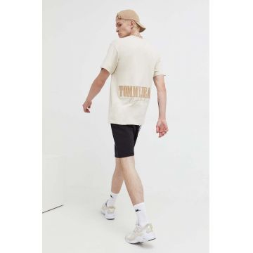 Tommy Jeans tricou din bumbac culoarea bej, cu imprimeu